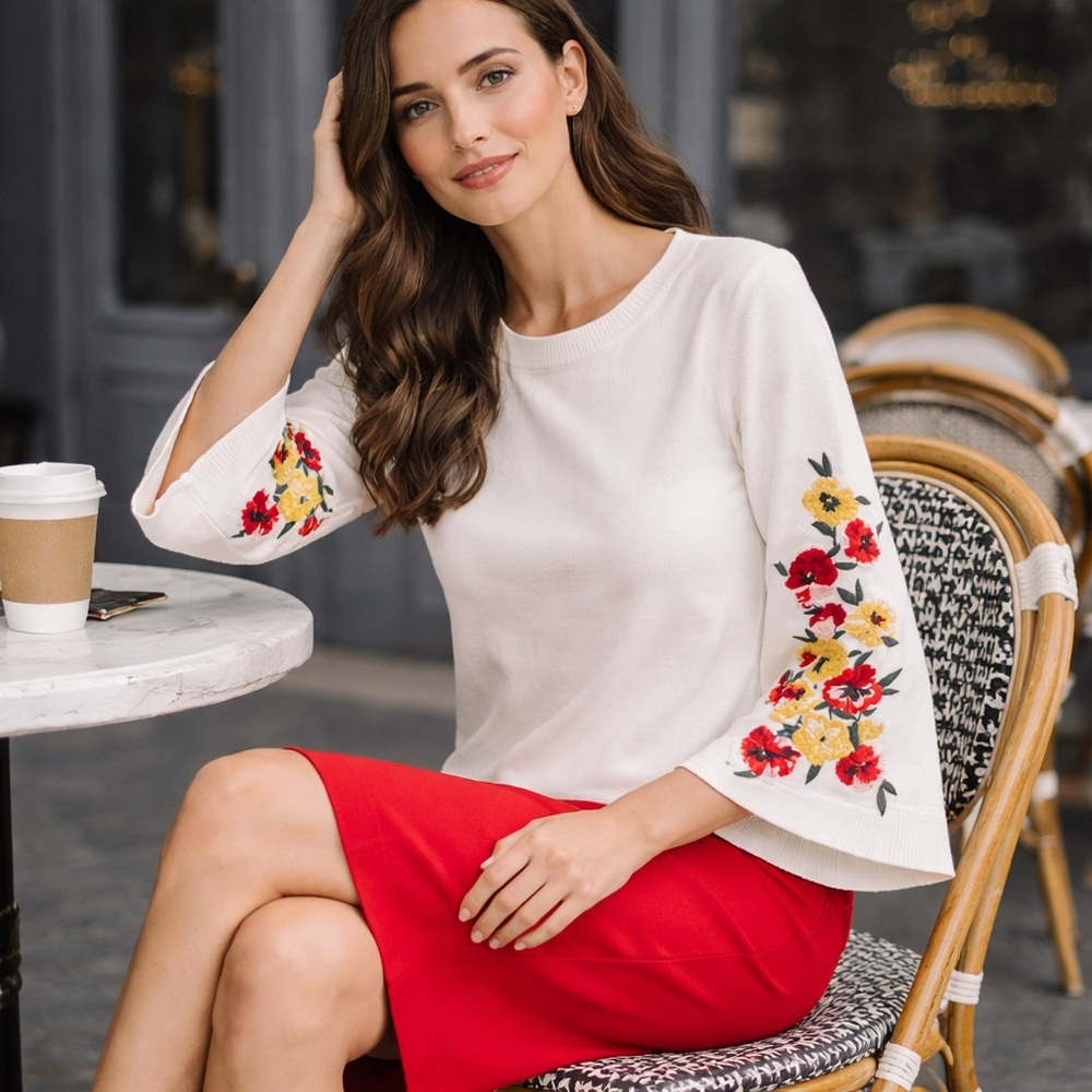 Ann Taylor Embroidered Sleeve Ponte Knit Top – Size Medium